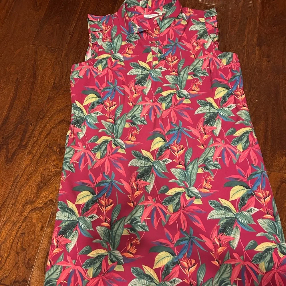 Chico's XL printed tropical floral flutter sleeve front buttons/pockets/collared - Picture 2 of 3